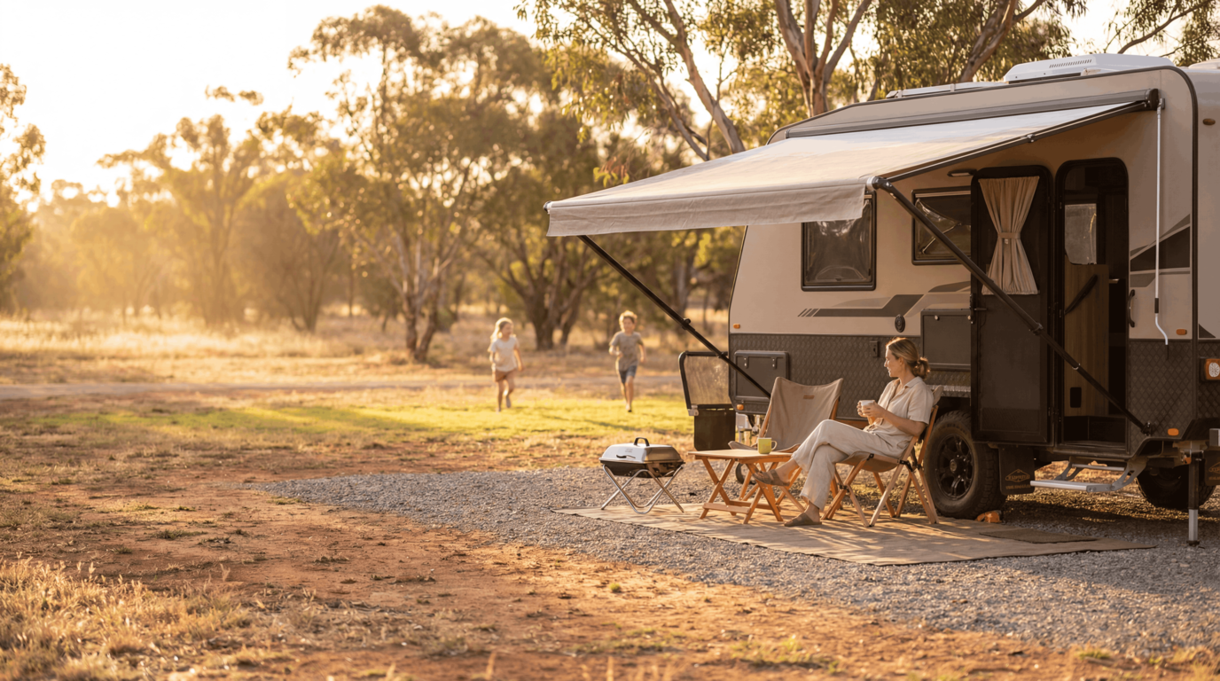 Mother’s Day caravan lifestyle scene with family at campsite